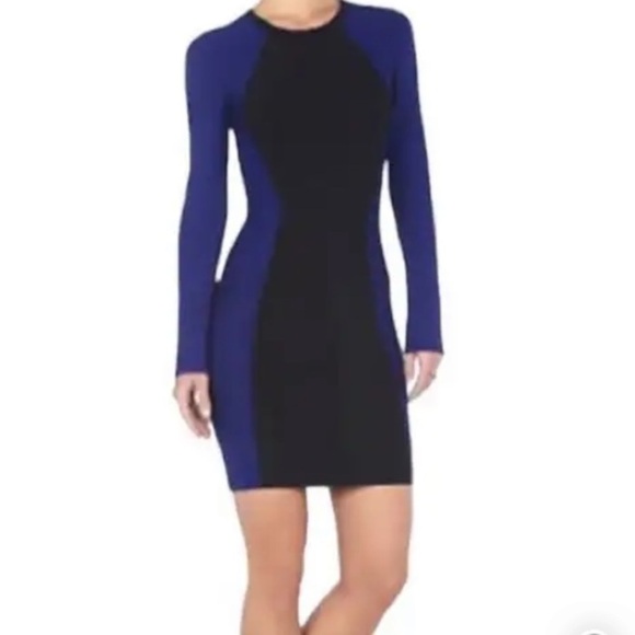 BCBGMAXAZRIA Ribbed Two-Tone Bodycon Mini Dress in Blue/Black - Picture 2 of 16